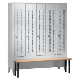 Wolf Vestiaire avec banc frontal, portes en tôle perforée, largeur compartiments 300 mm, 5 compartiments, gris clair