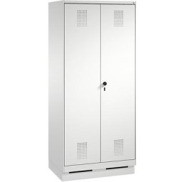 C+P Armoire de rangement sur socle EVOLO, à portes fermant l'une contre l'autre, 2 compartiments, largeur compartiments 400 mm, avec 8 tablettes, gris clair