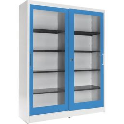 mauser Armoire à portes coulissantes, façade vitrée, 8 tablettes, cloison médiane, h x l x p 1965 x 1600 x 420 mm, gris clair / bleu clair
