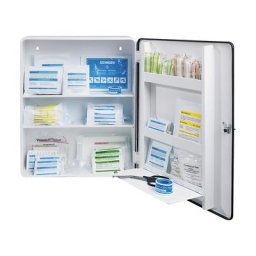 SÖHNGEN Armoire à pharmacie conforme à la norme DIN 13169, à 1 porte, blanc, h x l x p 552 x 452 x 170 mm, avec contenu