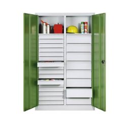 C+P Armoire d'atelier en tôle d'acier, 2 tablettes, 24 tiroirs, h x l x p 1950 x 1200 x 500 mm, porte vert réséda, corps gris clair