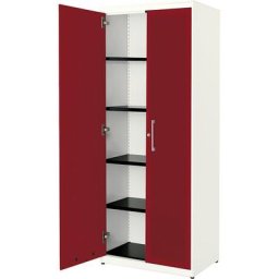 mauser Armoire à portes battantes, à effet acoustique, h x l x p 1956 x 800 x 432 mm, 4 tablettes, blanc pur / rouge rubis