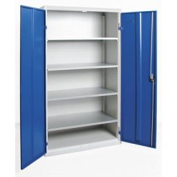 Armoire à portes battantes, avec portes en tôle pleine, 4 tablettes, gris clair / bleu gentiane