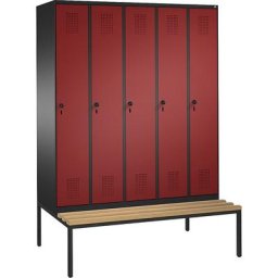 C+P Penderie EVOLO avec banc, 5 compartiments, largeur compartiments 300 mm, gris noir / rouge rubis