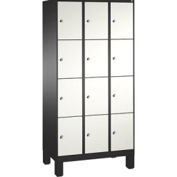 C+P Armoire à casiers sur pieds EVOLO, 3 compartiments, 4 casiers chacun, largeur compartiments 300 mm, gris noir / blanc trafic