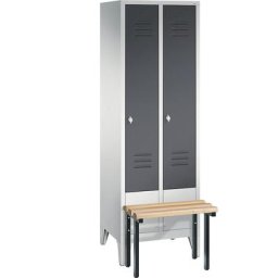 C+P Vestiaire CLASSIC avec banc frontal, 2 compartiments, largeur compartiments 300 mm, gris clair / gris noir