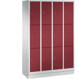 C+P Armoire à casiers sur socle CLASSIC, 4 compartiments, 3 casiers chacun, largeur compartiments 300 mm, gris clair / rouge rubis