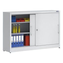 eurokraft pro Armoire à portes coulissantes, hauteur 1000 mm, avec cloison médiane et 2 x 2 tablettes, largeur 1500 mm, profondeur 500 mm, portes gris clair RAL 7035