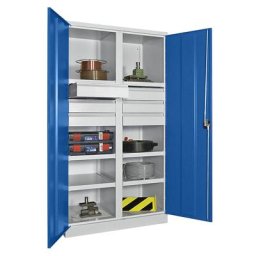 Pavoy Armoire pour charges lourdes, hauteur 1950 mm, 6 tablettes, 6 tiroirs 125 mm, gris / bleu