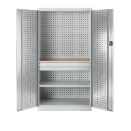 Armoire à outils avec perforations, 2 tiroirs, 1 tablette, 1 plan de travail, portes gris clair