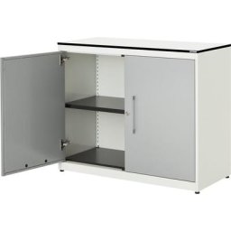 mauser Armoire à portes battantes, h x l 818 x 1000 mm, plateau à noyau plein en stratifié HPL, 1 tablette, blanc pur / aluminium / blanc
