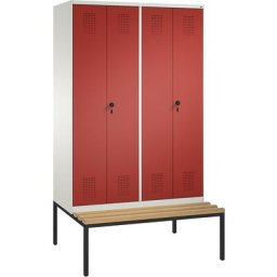 C+P Penderie EVOLO à portes fermant l'une contre l'autre, avec banc, 4 compartiments, largeur compartiments 300 mm, blanc pur / rouge feu