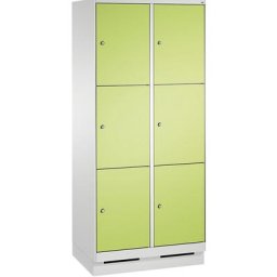 C+P Armoire à casiers sur socle EVOLO, 2 compartiments, 3 casiers chacun, largeur compartiments 400 mm, gris clair / vert