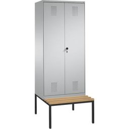 C+P Penderie EVOLO à portes fermant l'une contre l'autre, avec banc, 2 compartiments, largeur compartiments 400 mm, aluminium / aluminium