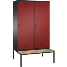 C+P Penderie EVOLO avec banc, porte au-dessus de 2 compartiments, 4 compartiments, 2 portes, largeur compartiments 300 mm, gris noir / rouge rubis