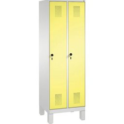 C+P Armoire de rangement sur pieds EVOLO, 2 compartiments, largeur compartiments 300 mm, avec 8 tablettes, gris clair / jaune soufre