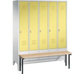 C+P Vestiaire CLASSIC avec banc frontal, 5 compartiments, largeur compartiments 300 mm, gris clair / jaune soufre