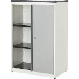 mauser Armoire à portes coulissantes, h x l x p 1180 x 800 x 432 mm, plateau en plastique, 2 tablettes, blanc pur / aluminium / blanc