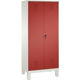 C+P Armoire de rangement sur pieds EVOLO, à portes fermant l'une contre l'autre, 2 compartiments, 8 tablettes, largeur compartiments 400 mm, blanc trafic / rouge feu