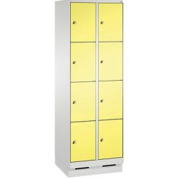 C+P Armoire à casiers sur socle EVOLO, 2 compartiments, 4 casiers chacun, largeur compartiments 300 mm, gris clair / jaune soufre