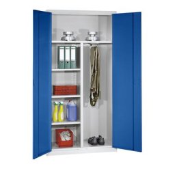 eurokraft pro Armoire à portes battantes, 1 tablette supérieure, 3 tablettes, 1 tringle, gris clair / bleu gentiane