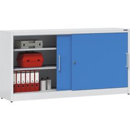 eurokraft pro Armoire à portes coulissantes, hauteur 1000 mm, avec cloison médiane et 2 x 2 tablettes, largeur 2000 mm, profondeur 500 mm, portes vert réséda RAL 6011