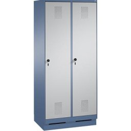 C+P Armoire de rangement sur socle EVOLO, 2 compartiments, largeur compartiments 400 mm, avec 8 tablettes, bleu distant / aluminium