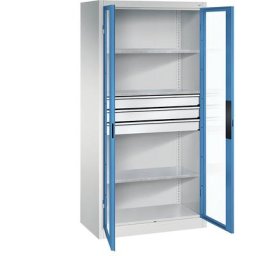 C+P Armoire vitrée à portes battantes, h x l x p 1950 x 930 x 500 mm, 3 tablettes, 3 tiroirs, gris clair / bleu clair