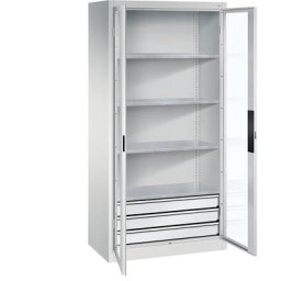 C+P Armoire vitrée à portes battantes, h x l x p 1950 x 930 x 500 mm, 4 tablettes, 3 tiroirs, gris clair / gris clair