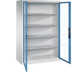 C+P Armoire vitrée à portes battantes, h x l x p 1950 x 1200 x 600 mm, 4 tablettes, gris clair / bleu clair