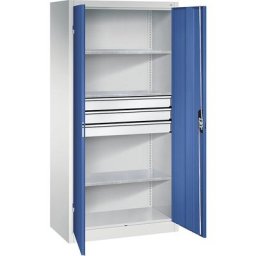 C+P Armoire d'atelier à portes battantes avec tiroirs, l x p 930 x 500 mm, 3 tablettes, gris clair / bleu gentiane