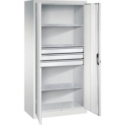 C+P Armoire d'atelier à portes battantes avec tiroirs, l x p 930 x 500 mm, 3 tablettes, gris clair / gris clair