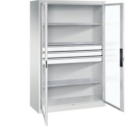 C+P Armoire vitrée à portes battantes, h x l x p 1950 x 1200 x 500 mm, 3 tablettes, 3 tiroirs, gris clair / gris clair