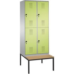 C+P Penderie EVOLO à deux étages, avec banc, 2 compartiments, 2 casiers chacun, largeur compartiments 400 mm, aluminium / vert
