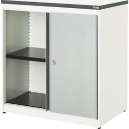 mauser Armoire à portes coulissantes, h x l x p 830 x 800 x 432 mm, plateau en plastique, 1 tablette, blanc pur / aluminium / blanc