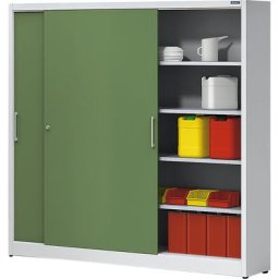 eurokraft pro Armoire à portes coulissantes, hauteur 1950 mm, avec cloison médiane et 2 x 4 tablettes, largeur 2000 mm, profondeur 500 mm, portes vert réséda RAL 6011