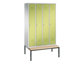 C+P Vestiaire CLASSIC avec banc monté en dessous, 4 compartiments, largeur compartiments 300 mm, gris clair / vert viridin