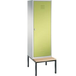 C+P Penderie CLASSIC avec banc inférieur, porte au-dessus de 2 compartiments, 2 compartiments, largeur compartiments 300 mm, gris clair / vert viridin