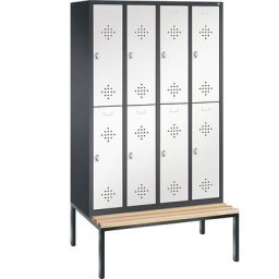C+P Penderie CLASSIC avec banc inférieur, à deux étages, 4 compartiments, 2 casiers chacun, largeur compartiments 300 mm, gris noir / blanc trafic