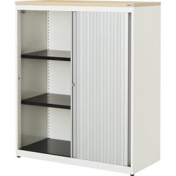 mauser Armoire à rideau vertical, h x l x p 1180 x 1000 x 432 mm, plateau en plastique, 2 tablettes, blanc pur / aluminium / érable