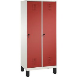 C+P Armoire de rangement sur pieds EVOLO, 2 compartiments, largeur compartiments 400 mm, avec 8 tablettes, blanc trafic / rouge feu