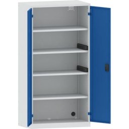 LISTA Armoire de chargement centralisé, 4 tablettes, portes en tôle pleine, 2 rampes électriques latérales, gris/bleu