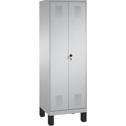 C+P Armoire de rangement sur pieds EVOLO, à portes fermant l'une contre l'autre, 2 compartiments, 8 tablettes, largeur compartiments 300 mm, aluminium / aluminium