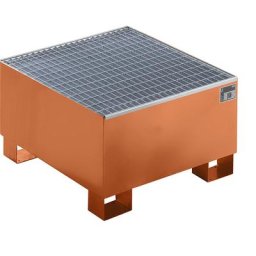 Cuve de rétention en tôle d'acier, L x l x h 800 x 800 x 465 mm, orange RAL 2000, avec caillebotis
