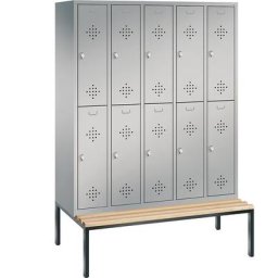 C+P Penderie CLASSIC avec banc inférieur, à deux étages, 5 compartiments, 2 casiers chacun, largeur compartiments 300 mm, aluminium