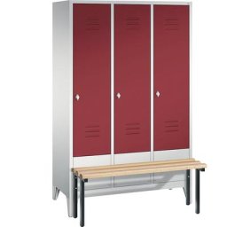 C+P Vestiaire CLASSIC avec banc frontal, 3 compartiments, largeur compartiments 400 mm, gris clair / rouge rubis
