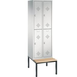C+P Penderie CLASSIC avec banc inférieur, à deux étages, 2 compartiments, 2 casiers chacun, largeur compartiments 300 mm, gris clair