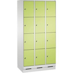 C+P Armoire à casiers sur socle EVOLO, 3 compartiments, 4 casiers chacun, largeur compartiments 300 mm, gris clair / vert