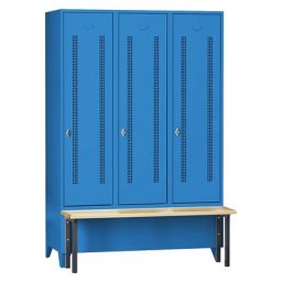 Wolf Vestiaire avec banc frontal, portes en tôle perforée, largeur compartiments 400 mm, 3 compartiments, bleu clair