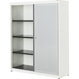 mauser Armoire à portes coulissantes, à effet acoustique, plateau en acier, h x l x p 1516 x 1200 x 432 mm, 3 tablettes, blanc pur / aluminium / blanc pur